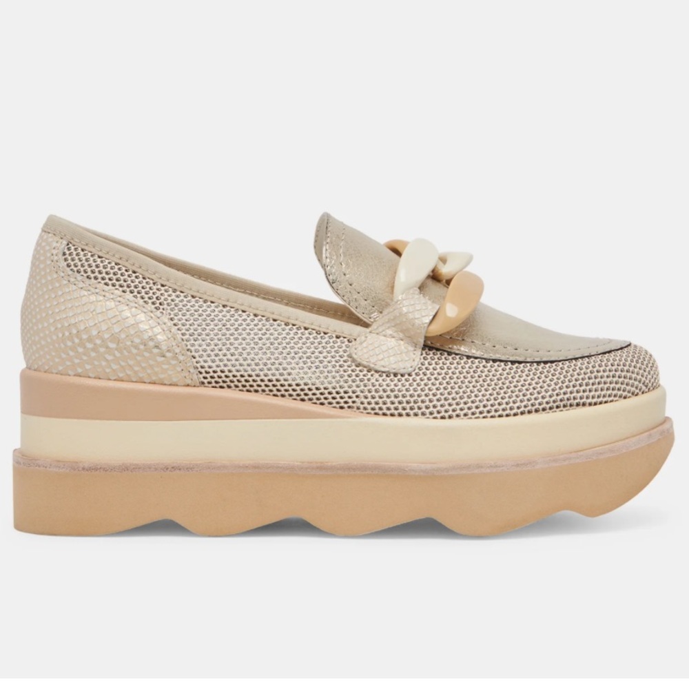 Dolce Vita Metallic Gold Platform Loafers with Cream & Tan Accents